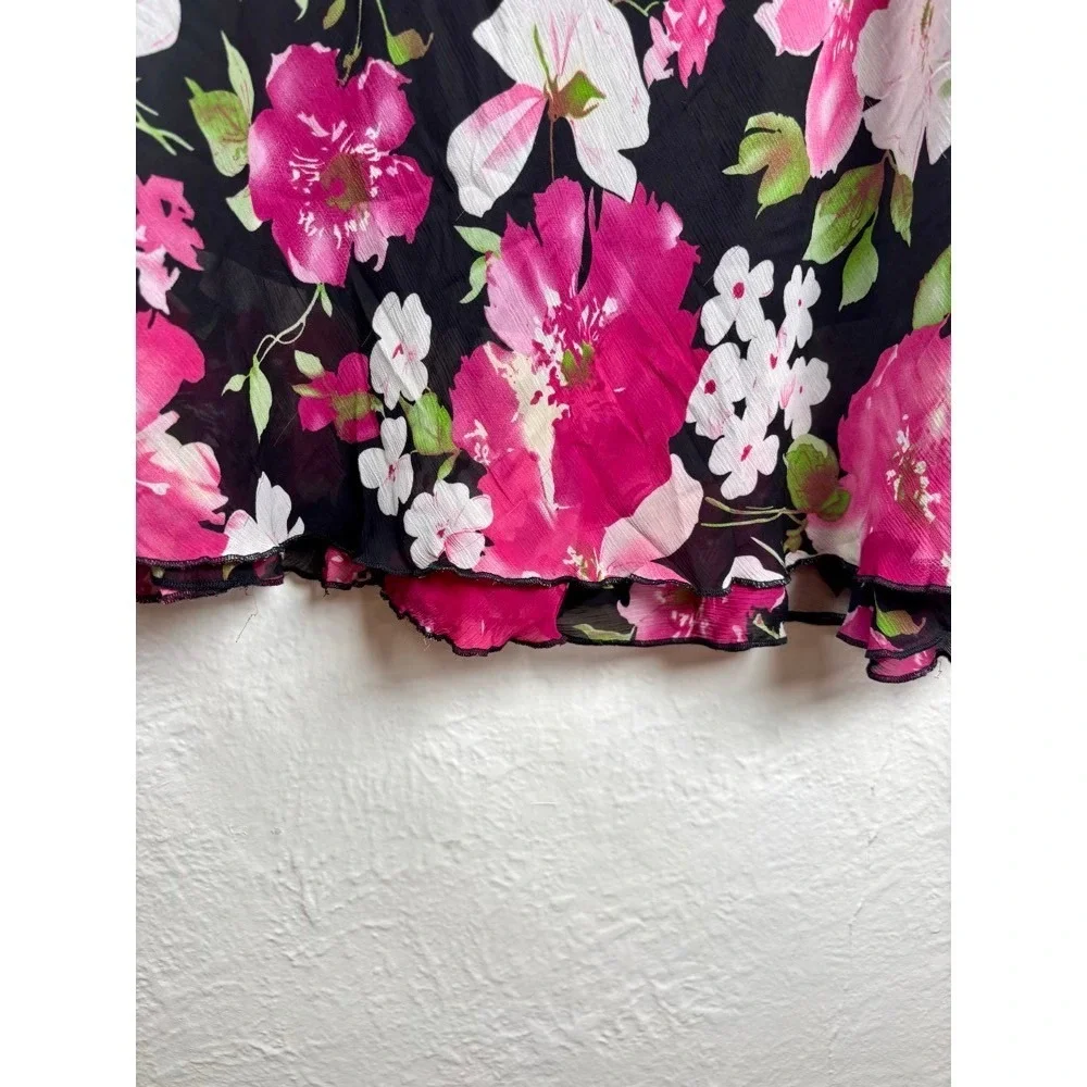 Black Floral Midi Skirt Women's Sz PM Flowy Ruffle Hem Boho Cottage Prairie - Picture 4 of 14